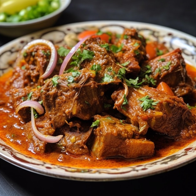 un plato de carne y verduras con un plato de salsa.