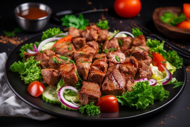 Un plato de carne con verduras y salsa