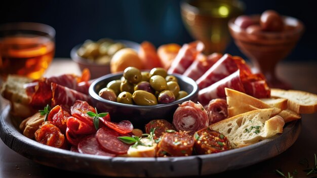 Un plato de carnes y quesos con un cuenco de aceitunas y un cuenco de aceitunas.