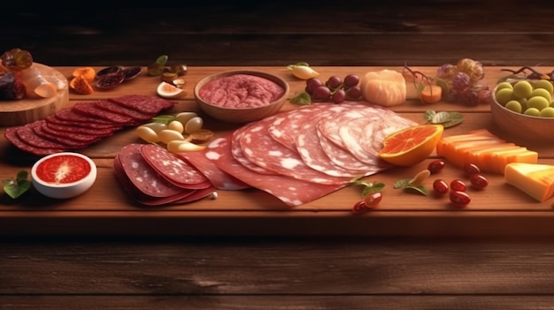Foto un plato de carnes y verduras incluyendo carne y aceitunas generativas ai