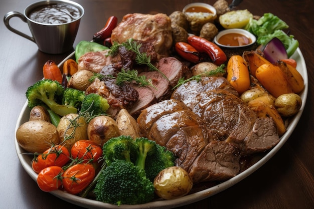 Plato de carnes y verduras perfectamente cocinadas listas para servir creadas con ai generativo