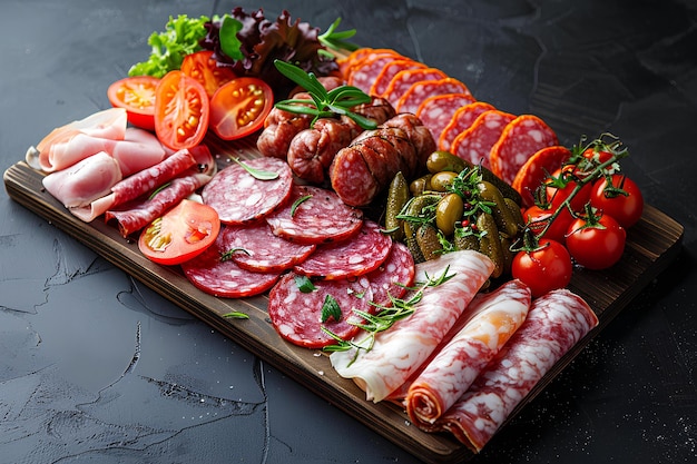 Un plato de carnes y verduras en una tabla de madera en una mesa con un fondo negro