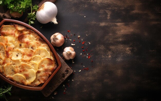 Un plato de cazuela de patata sobre un fondo oscuro