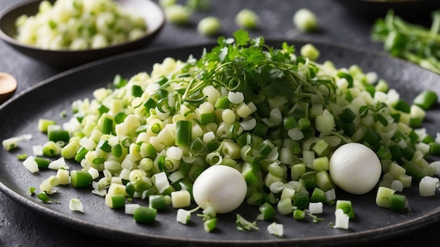 un plato con cebollas de primavera picadas como el ingrediente estrella combinarlos con al menos otros tres mys