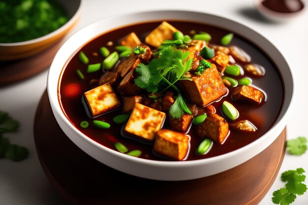 Un plato de cerdo sichuan con cebollas verdes y un plato de salsa