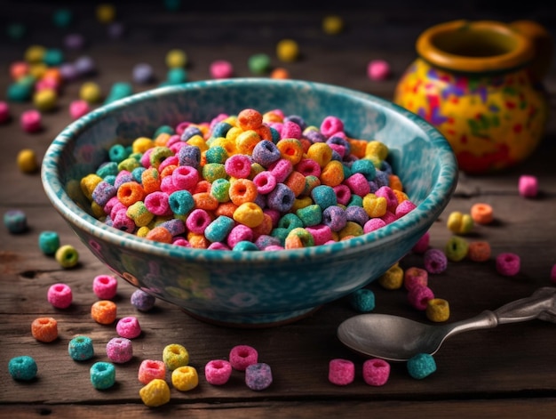 Un plato de cereal con un colorido plato de cereal en el fondo.