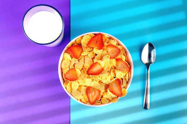 Plato de cereal integral con fresas y un vaso de leche fresca para el desayuno