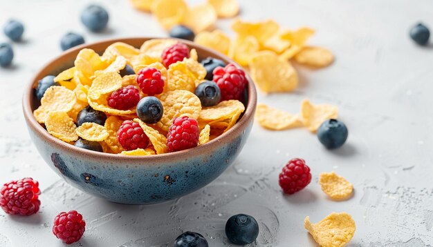 un plato de cereales con bayas y arándanos en una mesa