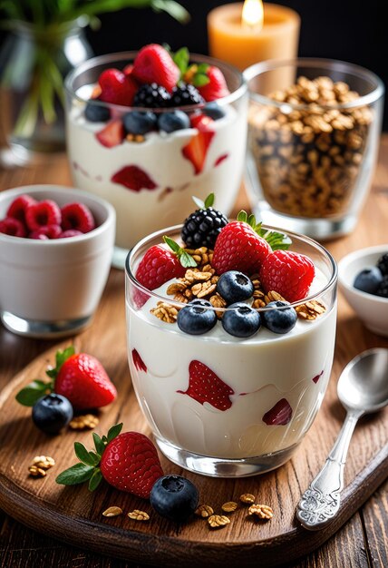 un plato de cereales con bayas y yogur en una mesa