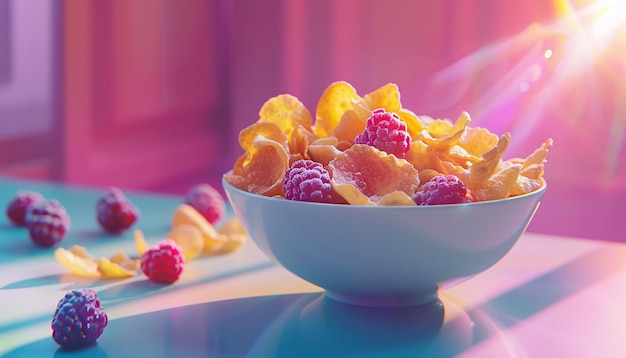 un plato de cereales con frambuesas y frambuesas en una mesa