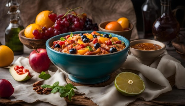 un plato de cereales con una fruta y una cuchara a su lado