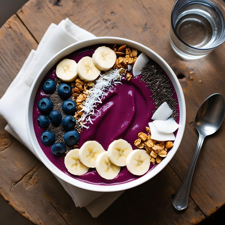un plato de cereales con plátanos y arándanos en una mesa