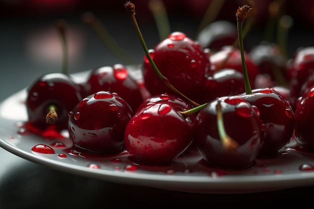 Un plato de cerezas con la palabra cerezas