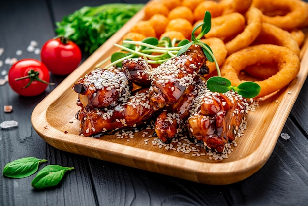 El plato de cerveza con alitas de pollo picantes