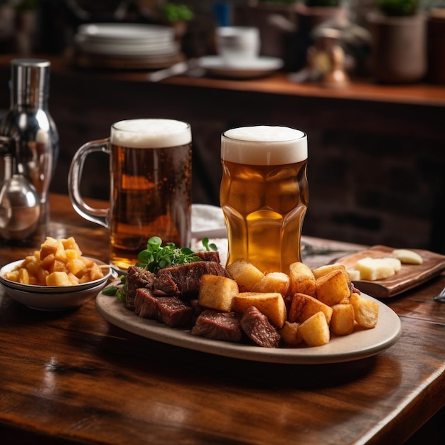 Un plato de cerveza y dos vasos de cerveza en una mesa con un plato de comida