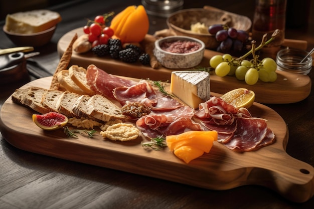 Plato de charcutería delicioso en tablero de madera creado con ai generativo