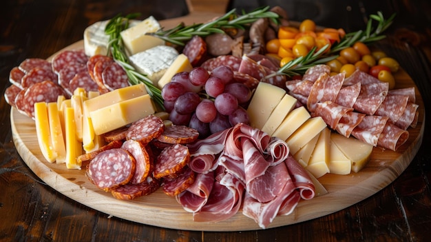 Un plato de charcutería con varias carnes y quesos