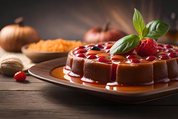 Un plato de cheesecake de calabaza con una pizca de bayas