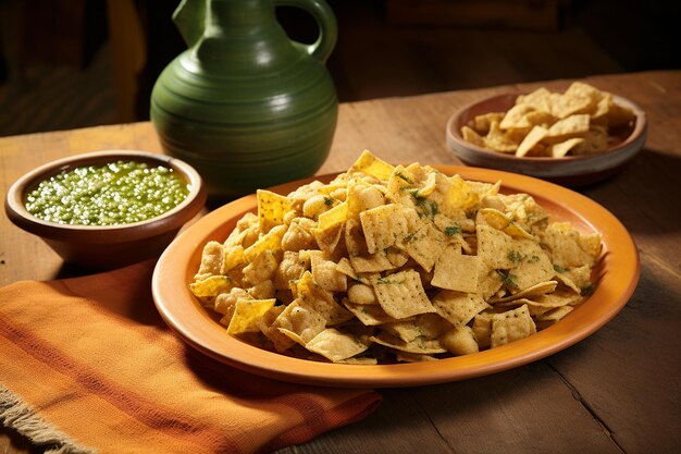 Foto plato de chicharrón al estilo mexicano en salsa verde con tortillas