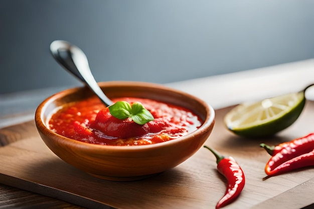 Foto un plato de chile con una cuchara y una rebanada de lima en la mesa.