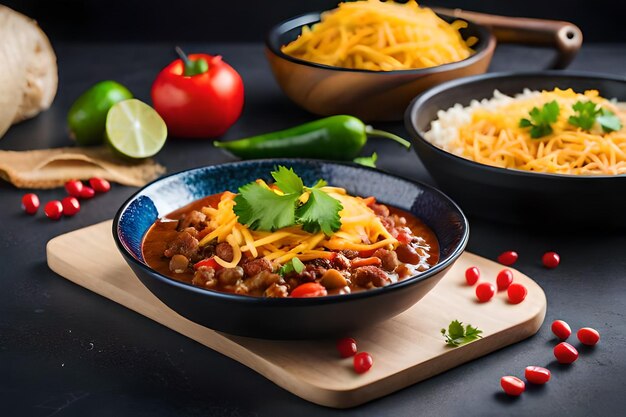 un plato de chile con frijoles y arroz en una tabla de cortar