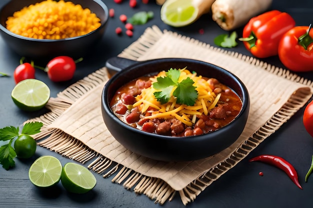 un plato de chile con verduras y chile en una mesa.