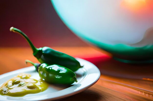 Foto un plato de chiles jalapeños se sienta en una mesa con un tazón de salsa.