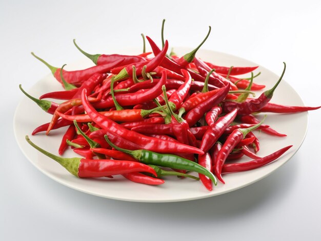 Un plato de chiles rojos está sobre una mesa blanca.