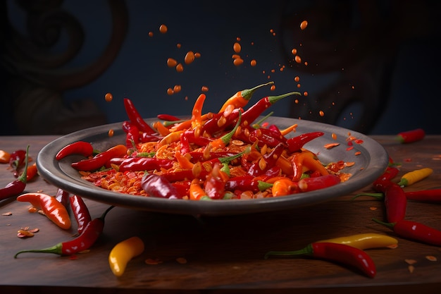 Un plato de chiles rojos rociados con jugo de naranja.