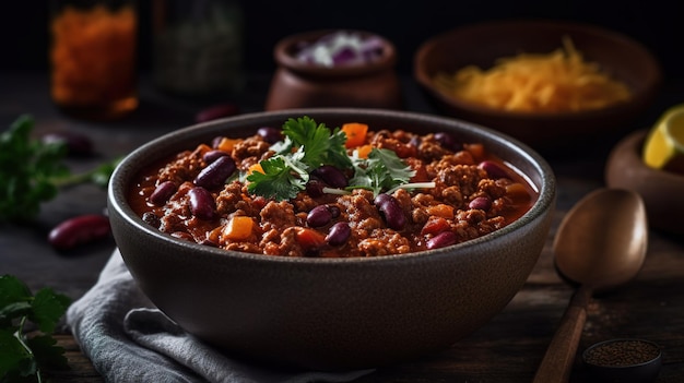 Un plato de chili con un plato de chili sobre la mesa