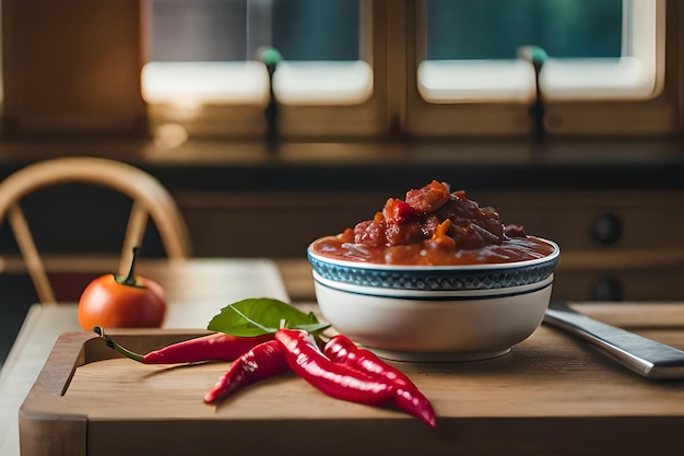 Foto un plato de chili sobre una mesa con un pimiento rojo al lado.