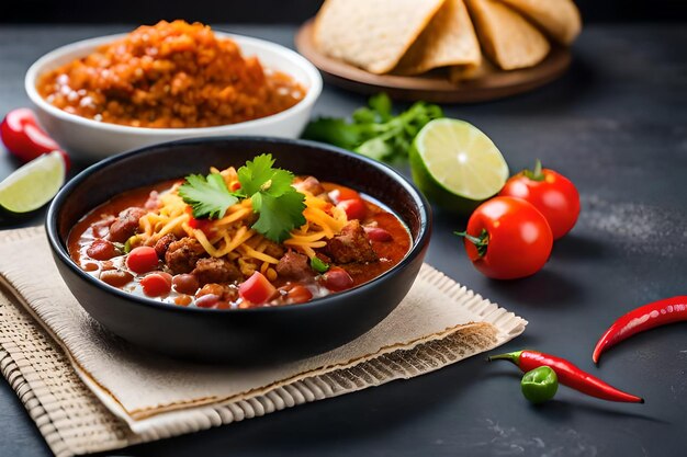 Foto un plato de chili con verduras y queso.