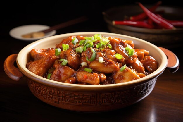 Plato chino de pollo Kung Pao en un cuenco tradicional