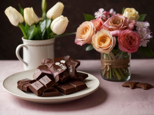 un plato de chocolates y flores en una mesa con un jarrón de flores