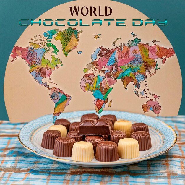 Foto un plato de chocolates con el mundo del mundo en él