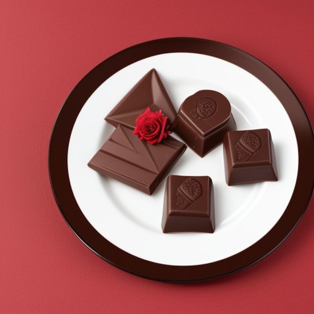 un plato de chocolates y una rosa sobre un fondo rojo
