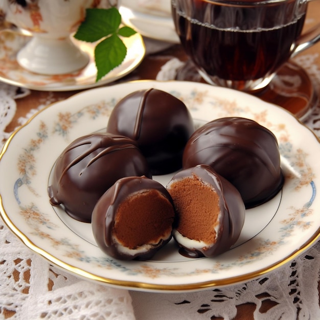 Un plato de chocolates con una taza de té sobre la mesa.