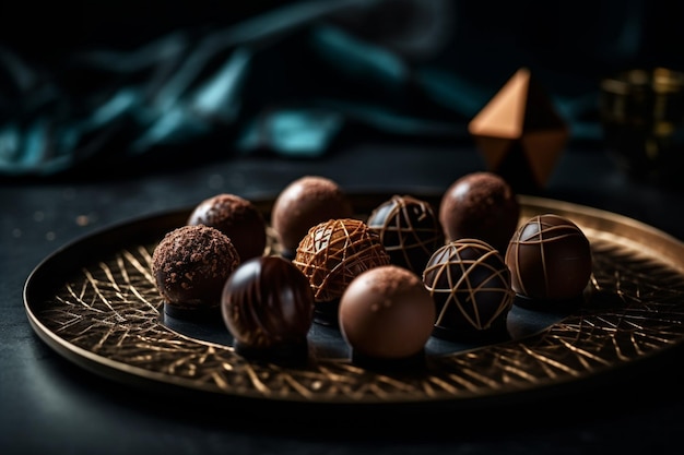 Un plato de chocolates con un triángulo en el fondo.