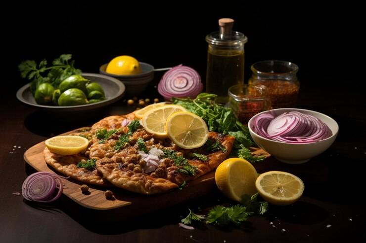 Plato de chole bhature con cebollas encurtidas y chi verde