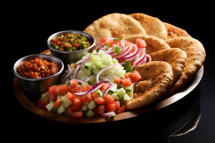 Plato de chole bhature con un lado de pepino cortado en cubitos