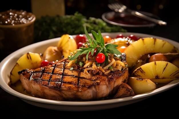 Un plato de chuletas de cerdo glazadas con piña con patatas asadas