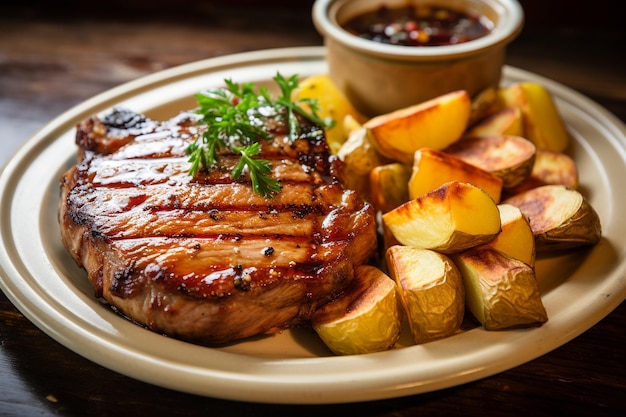 Un plato de chuletas de cerdo glazadas con piña con patatas asadas