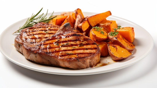 Plato de chuletas de cerdo a la parrilla con glaseado de sidra de manzana