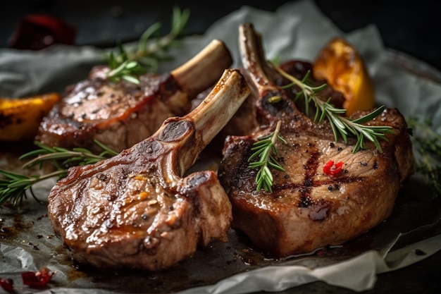 Un plato de chuletas de cerdo con romero