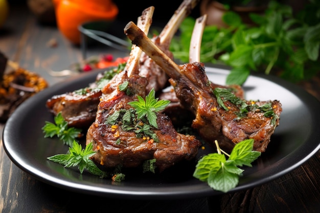 Un plato de chuletas de cordero con hierbas