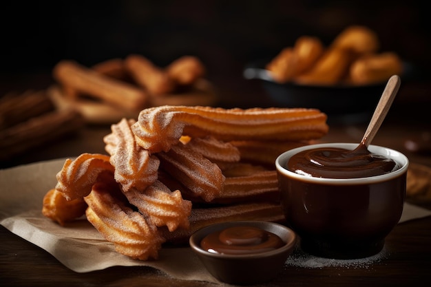 Un plato de churros con un recipiente de salsa al lado.