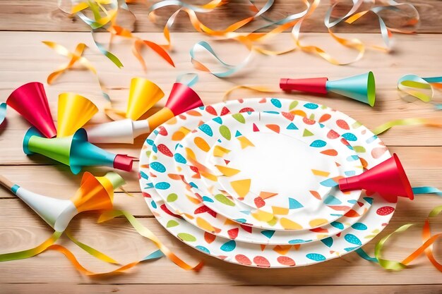 Un plato con cintas de colores está sobre una mesa.