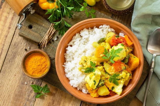 Plato de cocina india sabji Guiso de verduras tradicional indio con cúrcuma de queso suave y arroz