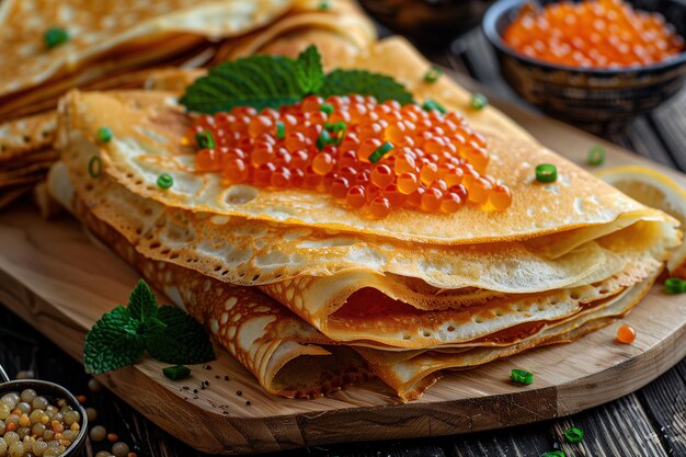 Plato de cocina rusa panqueques con caviar rojo Maslenitsa postre de comida