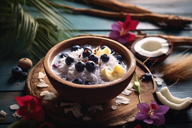 Foto plato de coco con arándanos y plátano en rodajas